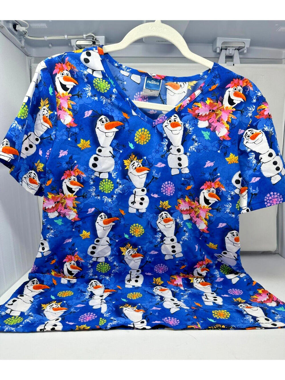 Disney Frozen II Olaf Scrub Top Medium Blue Floral All Over Print Nursing